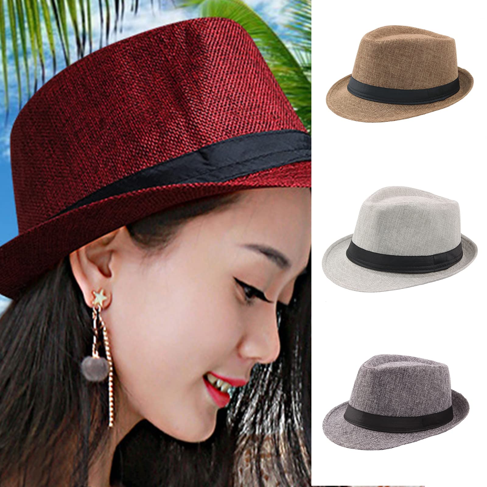 帽子 wicagrocery Round Brim Short Black Short Brim Hats Mens Vintage Hat with Black Bands 8 Solid Color